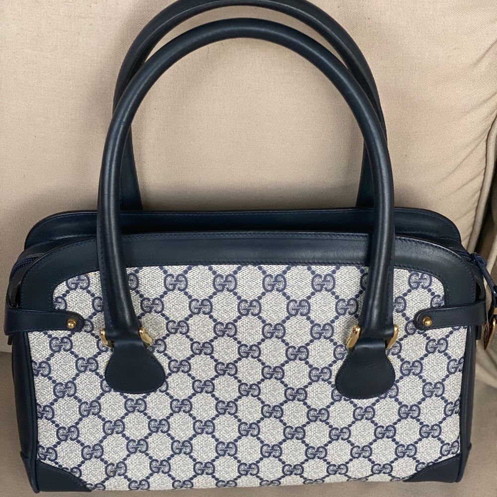 Vintage GUCCI Navy Blue Leather GG Satchel Tote - Picture 3 of 16